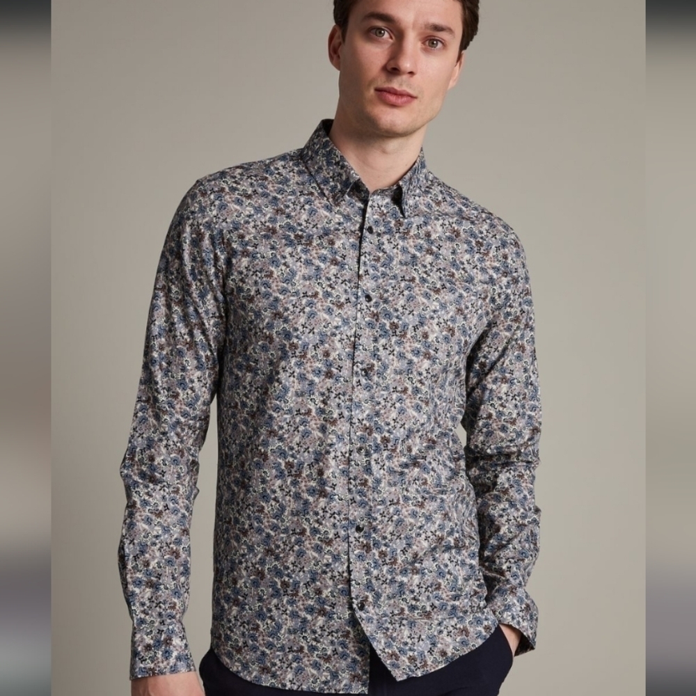 Matinique Grey Blue Floral Long Sleeve Men's Shirt. 100% cotton. Size L